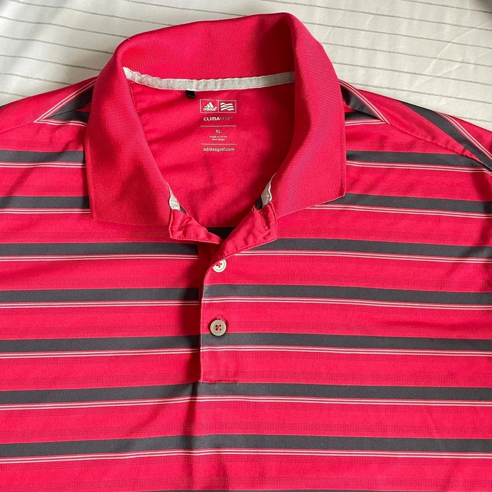 Adidas Men's Golf Climalite Polo Shirt Red Navy Blue Striped Short Sleeve XL